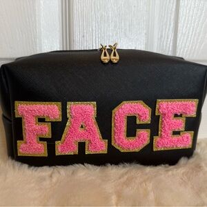 ELLIE PATCH CHENILLE LETTER MAKEUP COSMETIC TOILETRY BAG